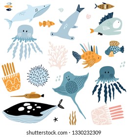 Big creative nautical clipart with marine inhabitants. Jellyfish, octopus, shark, killer whale, fish hummer, fish hedgehog. Vector illustration