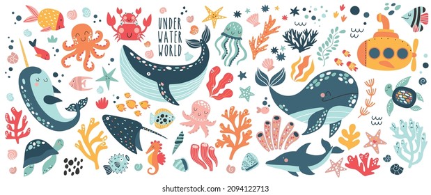 Big creative nautical clipart with marine inhabitants. Jellyfish, octopus, whale, narval, crab, sea horse . Vector illustration - Shutterstock ID 2094122713