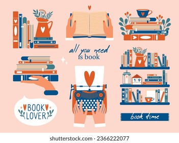 Grandes ilustraciones creativas para el Día Mundial del Libro. Colección de adorable y acogedor arte de video con libros, pila de libros, máquina de escribir, manos, estantería, etiquetas, tipografía, taza, plantas, flores. Concepto de amante de los libros.