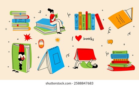 Big creative set illustrations for World Book Day. Collection cute cozy clip art with books, stack of book, people reading books, coffee cup, hands. Book lover concept.