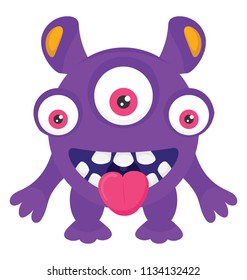 
A big creature with unusual face having three eyes and horribly opened mouth characterizing alien monster 
