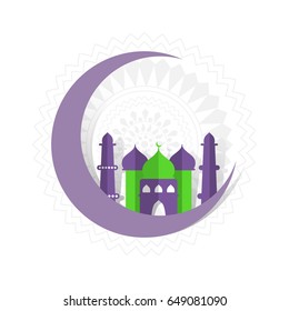 Big Crescent Moon with Paper Mosque on floral design decorated background for Muslim Community Festivals.