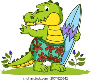 The big crocodile is holding the surfing board of illustration