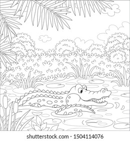 Big crocodile swimming in water of a lake under palm branches in tropical jungle, black and white vector illustration in a cartoon style for a coloring book