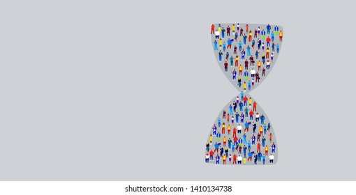 big crowd of businesspeople in hourglass shape business people standing together deadline time management concept horizontal