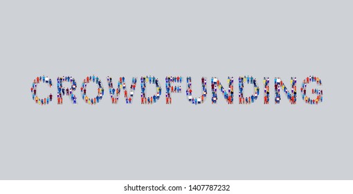 big crowd of businesspeople showing crowdfunding word shape business people standing together teamwork sponsor investment concept horizontal
