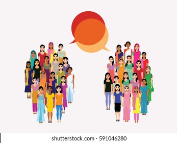 Big Crowd Of  Indian Woman Representing Different States, Religions Of India. Vector Flat Illustration Of A Crowd Of Women From Diverse Ethnic Backgrounds With A Dialogue Vector