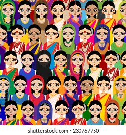 Big crowd of Indian women vector avatars detailed illustration - Indian woman representing different states/religions of India. 