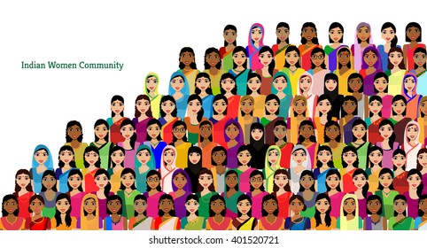 Big crowd of Indian women vector avatars - Indian woman representing different states/religions of India. Vector flat illustration of a crowd of women from diverse ethnic backgrounds