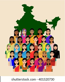 Big crowd of Indian women vector avatars - Indian woman representing different states/religions of India. Vector flat illustration of a crowd of women from diverse ethnic backgrounds