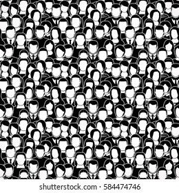 Big crowd people black seamless pattern. Monochrome vector illustration. 