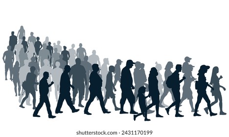 Big crowd of people moving in queue. Society, silhouette of people. Vector illustration