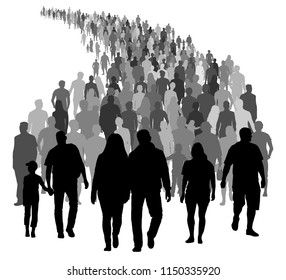 Big crowd of people is moving. Silhouette vector