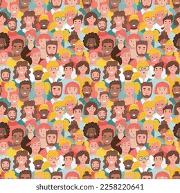 Una gran multitud de personas con un patrón impecable. Concepto de diversidad. Distintas razas, mujeres y hombres. Ilustración de vector plano dibujada a mano de color.