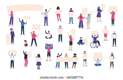 A big crowd of protesting people holding placards. Political active people taking part in a rally, protest. Strikes, protest around the world. Vector flat illustration. 