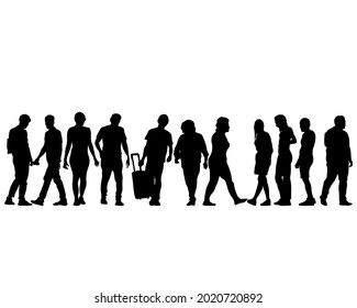Big crowds people on street. Isolated silhouette on a white background