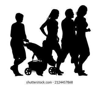 Big crowds people on street. Isolated silhouette on a white background