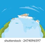Big cruise inside earth planet over sky background. Travel and tourism design.Vector illustration