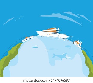 Big cruise inside earth planet over sky background. Travel and tourism design.Vector illustration