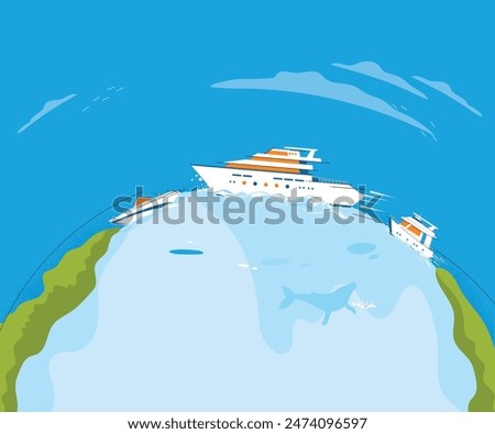 Big cruise inside earth planet over sky background. Travel and tourism design.Vector illustration