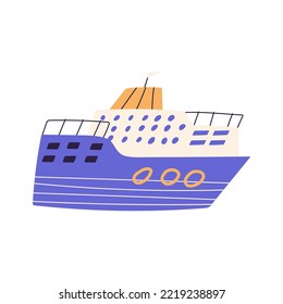 Big cruise ship in hand drawn childish style, cartoon flat vector illustration isolated on white background. Boat sailing in the sea or ocean. Marine transport drawing.