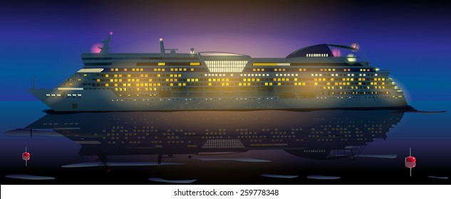 Big cruise ship in ocean at night. EPS 10 format.