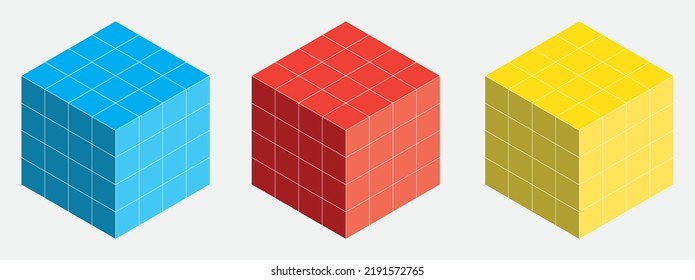 Big cube made of many blocks. Isometric cubes for 3d design. Blue, red, yellow cube consisting of geometric unit cubes.