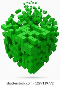 big cubic data block. made with smaller green cubes. 3d pixel style vector illustration. suitable for blockchain, technology, computer and abstract themes.