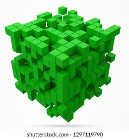 big cubic data block. made with smaller green cubes. 3d pixel style vector illustration. suitable for blockchain, technology, computer and abstract themes.