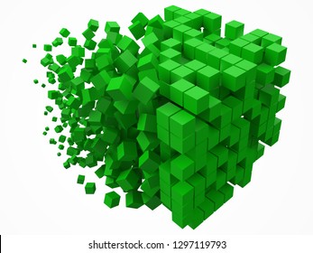 big cubic data block. made with smaller green cubes. 3d pixel style vector illustration. suitable for blockchain, technology, computer and abstract themes.