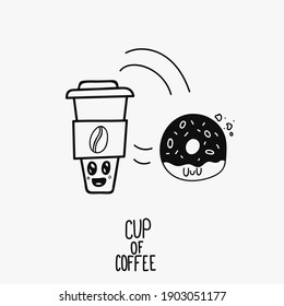 Big cup of coffee doodle with donut for cafe and restaurant business. Doughnut and coffee grane black linear icon or symbol