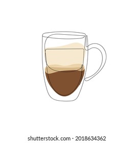 Big cup of coffee, latte, cappuccino drawn in a continuous line. Continuous line with color complement. Sketch, line art, vector isolated illustration.