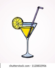 Big cup goblet of cool brew coctail on white backdrop. Vibrant color hand drawn pictogram emblem design sketchy in contemporary art scribble cartoon comic style. Closeup view with space for text