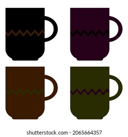 Big cup icon set. Black, purple, brown, green. Zig zag pattern. Home design element. Vector illustration. Stock image. 