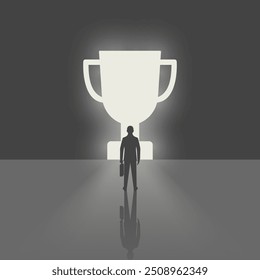 Uma grande taça no caminho do homem de negócios. Motivação para o sucesso. O conceito de pessoas bem sucedidas. Design plano de ilustração vetorial.