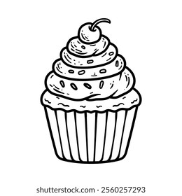 big cupcake with cherry and spinkle isolated drawing line art style sketch classic vintage design illustration