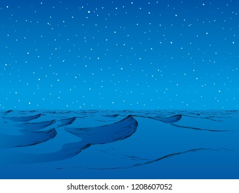 Big curl peak horizon nightfall summer scenery. Bright azure color hand drawn curve wind arid scene symbol in art cartoon style. Scenic view with space for text on deep cyan moonlight backdrop pattern