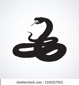 Big curve creepy viperidae crotalus asp serpentine on white backdrop. Dark black ink hand drawn zoo pictogram emblem logo in art retro contour etching print style. Closeup view space for text