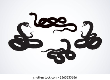 Big curve creepy viperidae crotalus asp serpentine on white backdrop. Dark black ink hand drawn zoo pictogram emblem logo in art retro contour etching print style. Closeup view on paper space for text