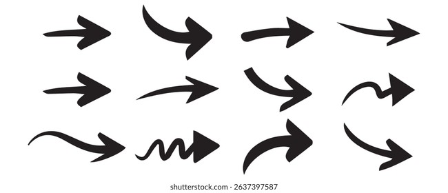 Big curved black Arrow icons set. Arrows vector sing isolated on white background. Big vector set of black arrow symbol and direction pointers in different styles. Beautiful arrow vector collection.
