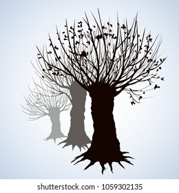 Big cut off deciduous oaktree isolated on white parkway backdrop. Freehand linear black ink hand drawn picture sketchy in art retro doodle graphic style pen on paper with space for text on sky border