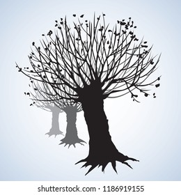 Big cut off deciduous oaktree isolated on white parkway backdrop. Freehand linear black ink hand drawn picture sketchy in art retro graphic style with space for text on light sky
