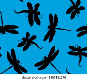 Big cute anisoptera on deep cyan backdrop. Dark ink hand drawn logo pictogram design in retro artistic contour etching print style. Close up detail view