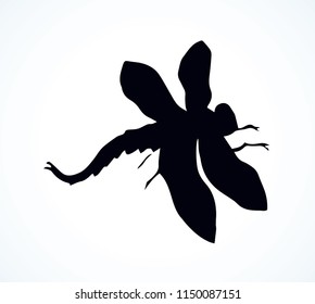 Big cute anisoptera on light backdrop. Dark ink hand drawn logotype insignia print in retro artistic contour etching style. Close up detail view with space for text
