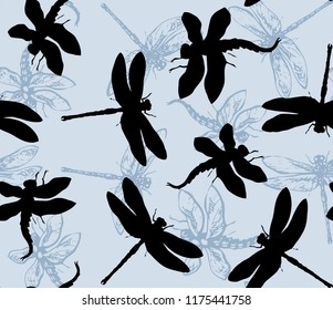 Big cute anisoptera on light backdrop. Dark grey ink hand drawn logo pictogram design in retro artistic contour etching print style. Close up detail view
