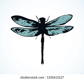 Big cute anisoptera on light backdrop. Freehand dark grey ink hand drawn logotype insignia sketchy in retro artistic doodle contour etching style pen on paper space for text. Close up detail view