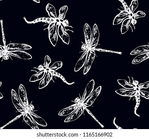 Big cute anisopteras on dark backdrop. Light chalk contrast hand drawn logo pictogram design in retro artistic contour etching print style on wrapping paper. Close up detail view