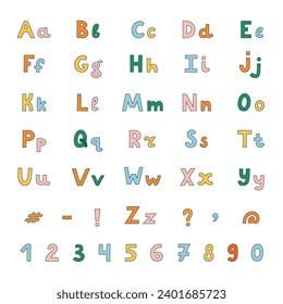 Big cute bold alphabet with uppercase and lowercase letters, punctuation marks, number set. Funky font. Funny latin ABC for book cover, headline, greeting card. Typography for retro design and logo.