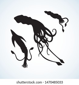 Big cute calamary monster on white paper backdrop. Dark ink hand drawn eco aqua zoo logotype pictogram emblem design in retro art etching contour print style. Closeup view with space for text