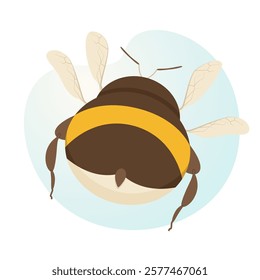 Big, cute, cartoon bumblebee flying away. Bumblebee back. Vector illustration for postcard, poster, banner, cover.